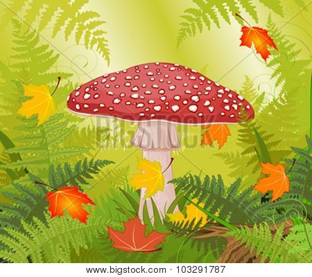 Illustration of amanita on autumn background 