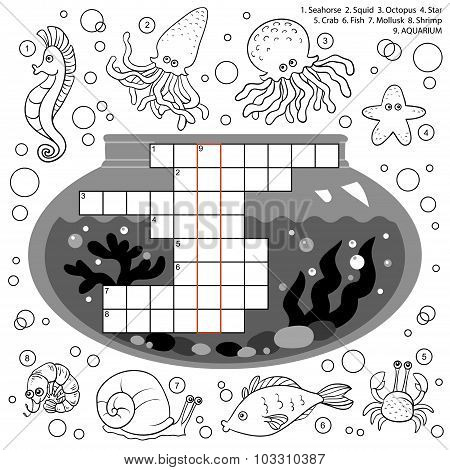 Vector Colorless Crossword, Education Game For Children About Sea World
