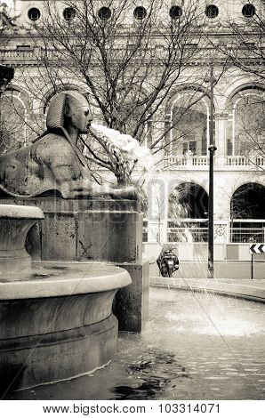Sphinx Sculpture In The Fountain In Place Du Chatelet, Paris.