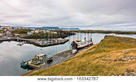 Stykkisholmur harbor with cityscape in background