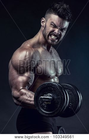 Muscular Bodybuilder Guy Doing Exercises With Dumbbells