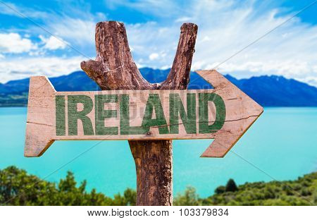 Ireland wooden sign with lake background