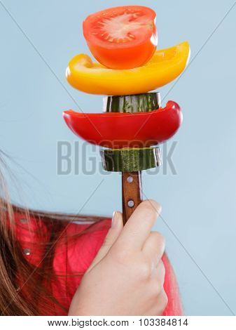 Closeup Human With Vegetables. Dieting Slimming.