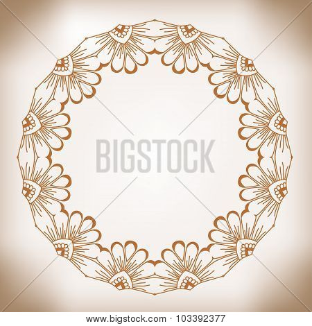 Hand-drawn cute round floral frame. Vintage frame with floral ornament.
