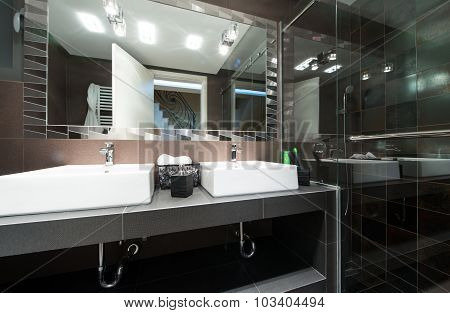 Sink and mirror in bathroom
