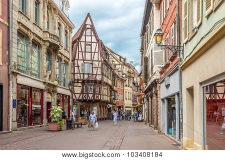 Timbered Houses In The Streets Of Colmar City.