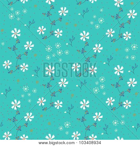 Seamless Pattern. White Flowers On Turquoise Background.