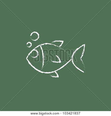 Little fish under water hand drawn in chalk on a blackboard vector white icon isolated on a green background.