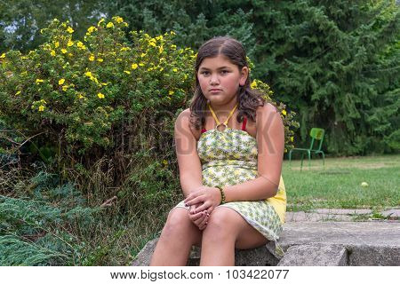 Sad Bullied Gypsy Child Girl In Dress Sitting Alone On Stairs In Garden Unhappy