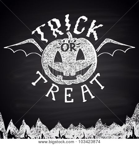 Chalk drawn illustration for Halloween party (pumpkin with bat wings) with phrase ''Trick or treat''