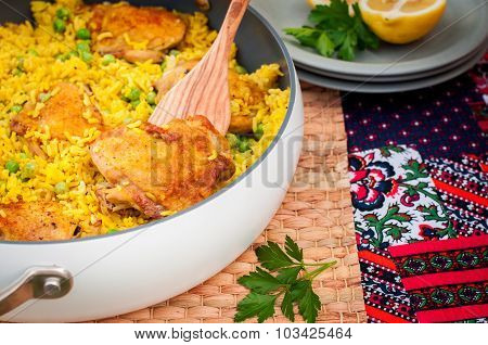Chicken Thigh And Rice Biryani With Green Peas