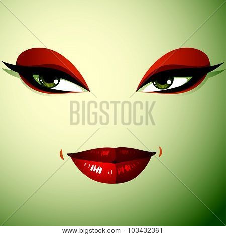 Attractive woman with stylish bright make-up. Sexy Caucasian distrustful lady. Human eyes and lips