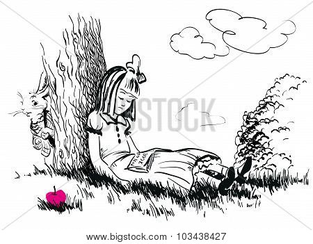 Hand drawn book illustration with girl and white rabbit.