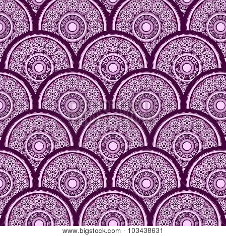 Vector abstract background with light pink and dark rose rounds of different sizes with purple strok