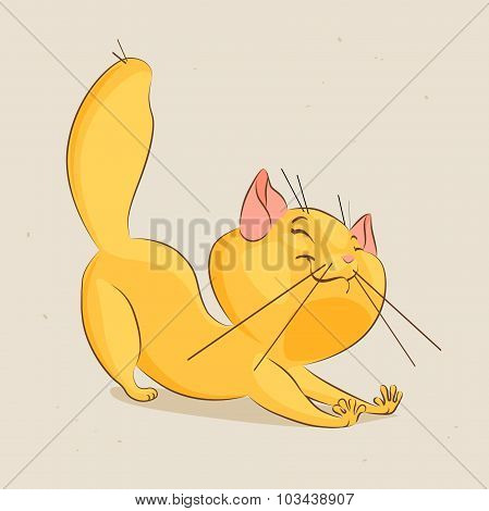Vector portrait of stretching yellow cute cartoon cat isolated on bright background