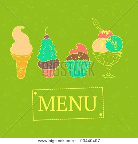 Vector hand drawn ice cream pattern. Brown stroke illustration. Dessert ornament with ice cream pear