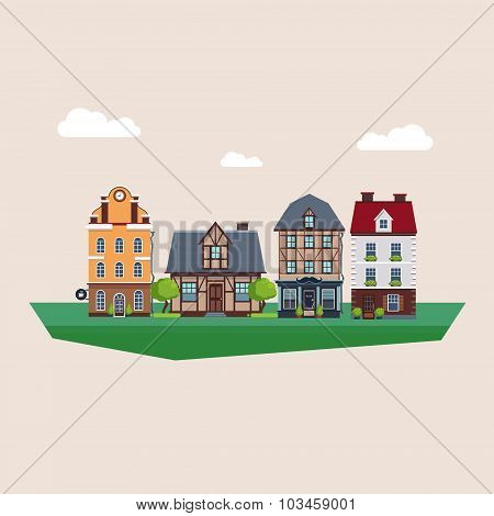 Old Vintage Country and City Houses Vector Illustration