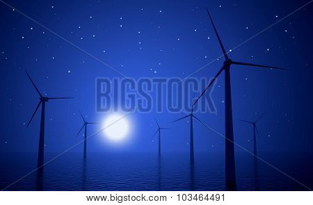 3D Wind Turbines Producing Energy In Sea