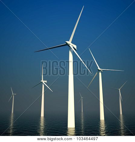 3D Wind Turbines Producing Energy In Sea