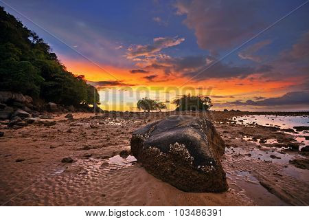 Tropical beach in ebb time on sunset background