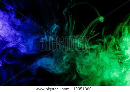 Abstract Blue And Green Smoke Hookah On A Black Background.