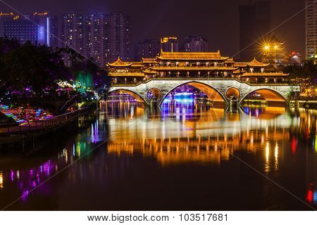 Night View Of Anshun Bridge In Chengdu