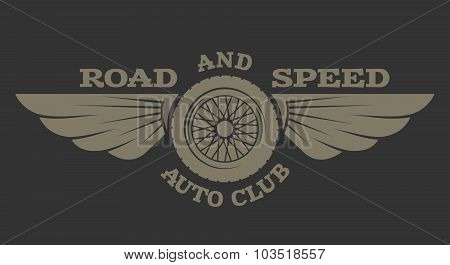 Wheel with wings. Vintage style.