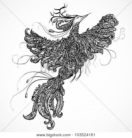 Decorative paradise bird ith antlers. Hand drawn outline doodle illustration. Ornate bird decorated