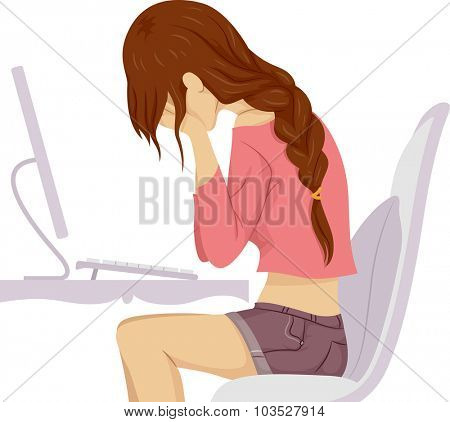 Illustration of a Teenage Girl Crying in Front of Her Computer