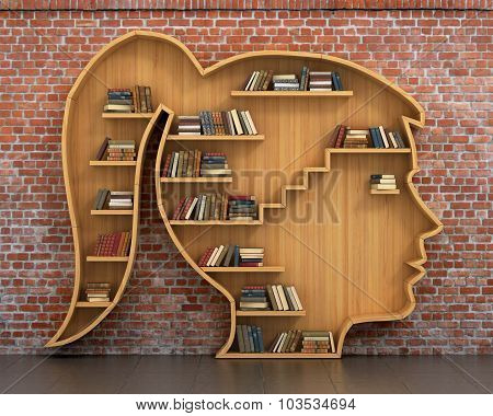 Concept Of Training. Wooden Bookshelf Full Of Book In Form Of Woman Head On A Bricks Background. Sc