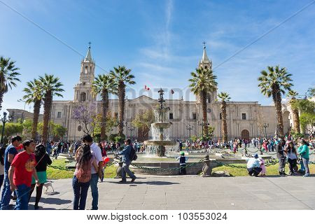 People In Plaza De Armas, Arequipa, Peru