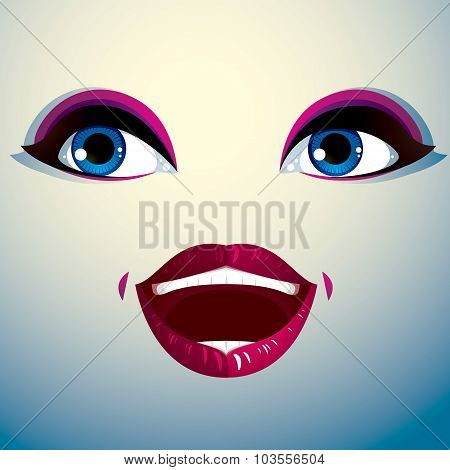 Facial Expression Of Young Pretty Woman. Coquette Lady Visage, Human Eyes And Lips.