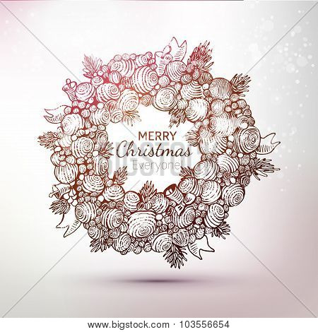 Hand Drawn Gravure Xmas Wreath Illustration