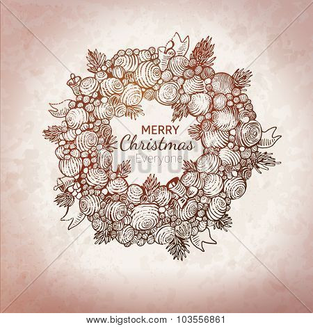 Hand Drawn Xmas Wreath Vintage Illustration