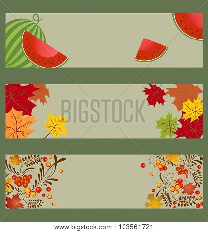 Collection of autumnal horizontal banners with watermelon, ashberry and maple leaves