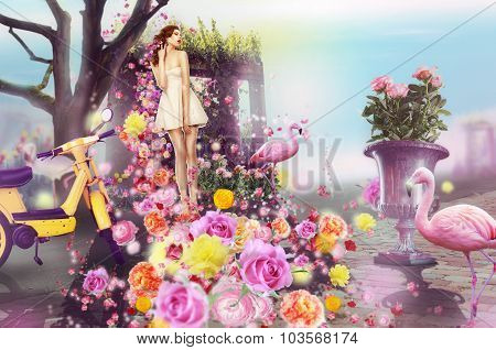 Creative Concept. Visual Arts. Woman And Flowers