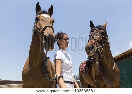 Thessloniki Greece June 14 2015: The ridder and horses before the riding competition with obstacles.