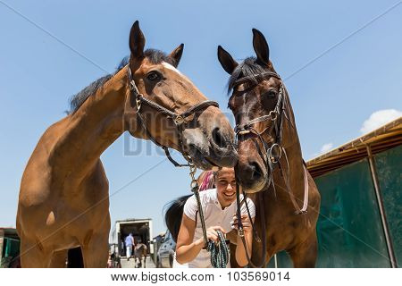 Thessloniki Greece June 14 2015: The ridder and horses before the riding competition with obstacles.