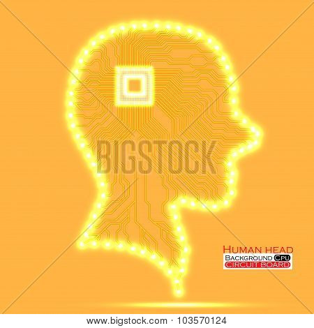 Neon human head. Cpu. Circuit board. Vector illustration. Eps 10
