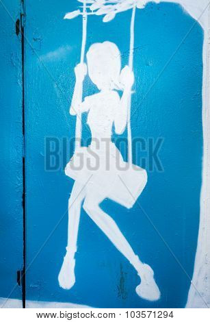 Moscow, Russia - September 27, 2015: A Blue And White Silhoette Of A Painted Person On The Garage Wa