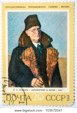 Moscow, Russia - October 3, 2015: A Stamp Printed In Ussr Shows A Self-portrait Of Grabar, Circa 197