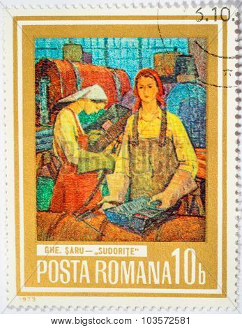 Moscow, Russia - October 3, 2015: A Stamp Printed In Romania Shows Drawing Of Artist Saru 