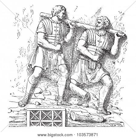Soldiers carrying a tree, vintage engraved illustration.