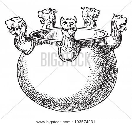 Etruscan vases in bronze, vintage engraved illustration.