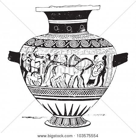 The departure of Priam, vintage engraved illustration.