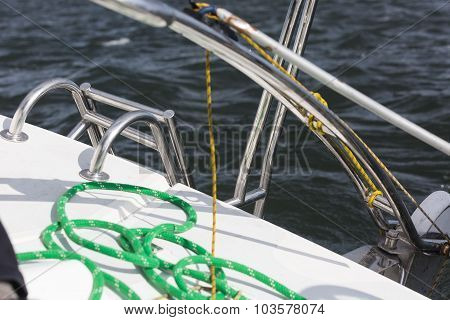 Back Part Of Yacht Swimming On Lake.