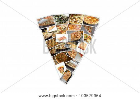 Variety of tasty versions of pizza in pizza shape collage