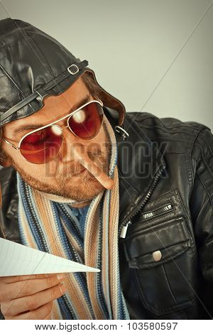Aviator pilot with giant long liar nose