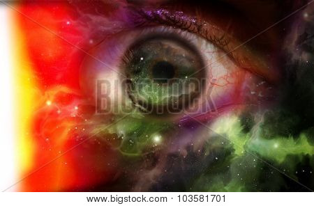 Giant eyeball starscape backdrop with colorful space clouds