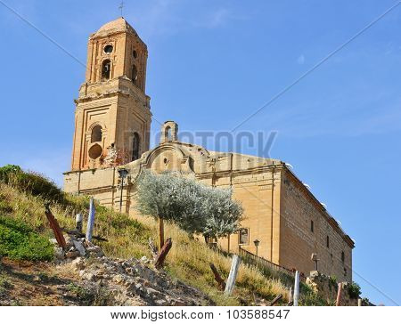 view of the Sant Pere Church in Poble Vell de Corbera de Ebro, in Spain, seriously damaged during the Spanish Civil War (1936-1939)